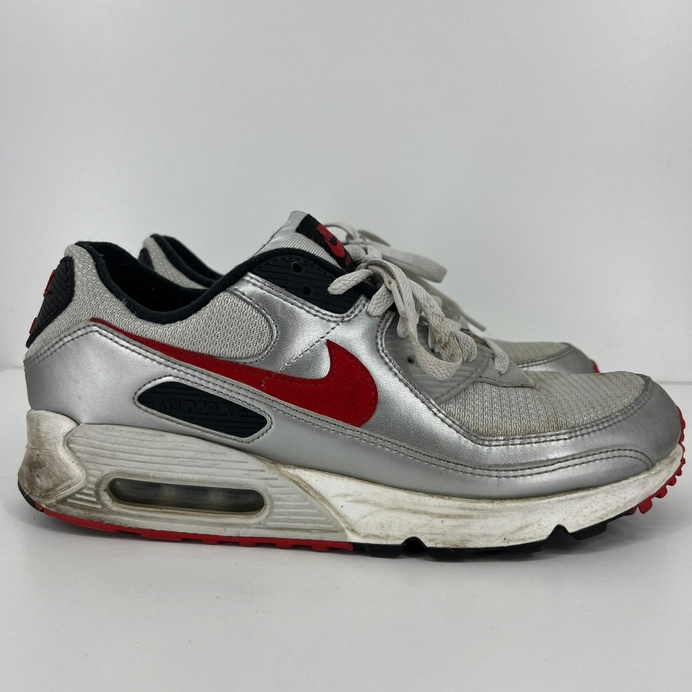 Nike Air Max 90 Mens Metallic Silver Red Sneakers DX4233-001 Size 10.5